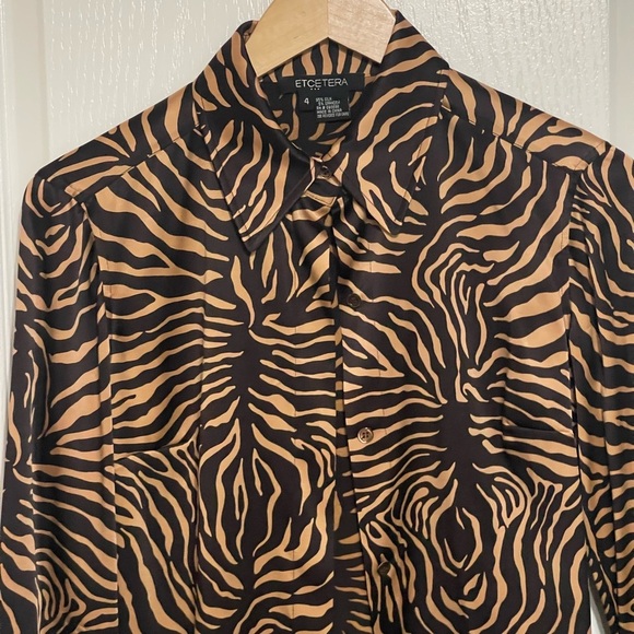 ETCETERA ANINE BING Zebra Print Silk Button-Up Blouse Brown Tan Silk Spandex 4 - Picture 5 of 6